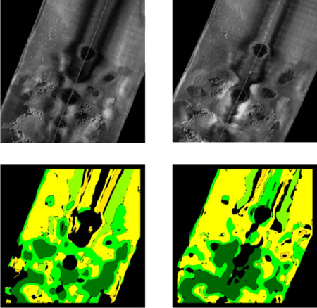 Examples of high-resolution towed sidescan sonar data of cold-water coral reefs, acquired on successive passages (top), and the results of automated image classification using Grey Level Co-occurrence Matrices (bottom). Note the different outcomes caused by the different sonar/seabed configuration.
