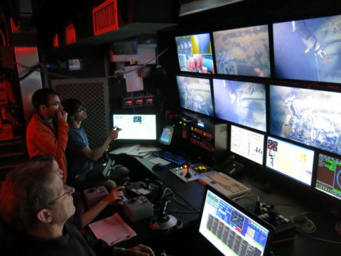 The ROV piloting team inside ‘mission control’, photo by Claudio